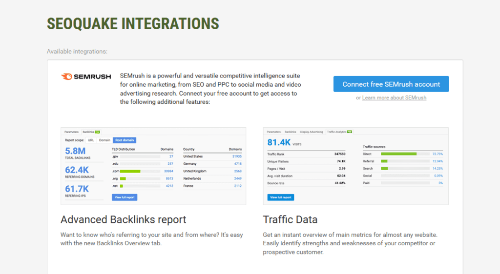 SEOquake integrations 