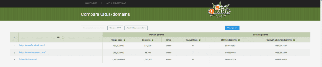 SEOquake Compare URLs/Domains